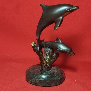 Brass Dolphin and Baby Swimming Art Sculpture Figurine On Marble Base
